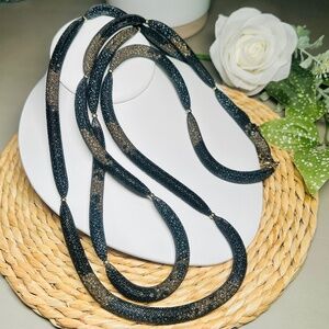 CHICO’S Long Black Mesh Double Strand Necklace with Brass Tone Bead Accents